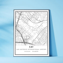 SAT, San Antonio International Airport Modern Map Print 