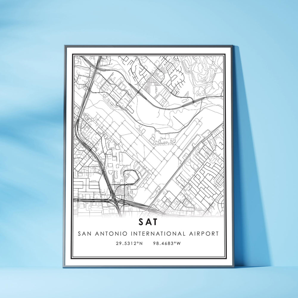 SAT, San Antonio International Airport Modern Map Print 