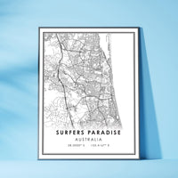 Surfers Paradise, Australia Modern Style Map Print 