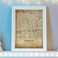 
              Compton, California Vintage Style Map Print 
            