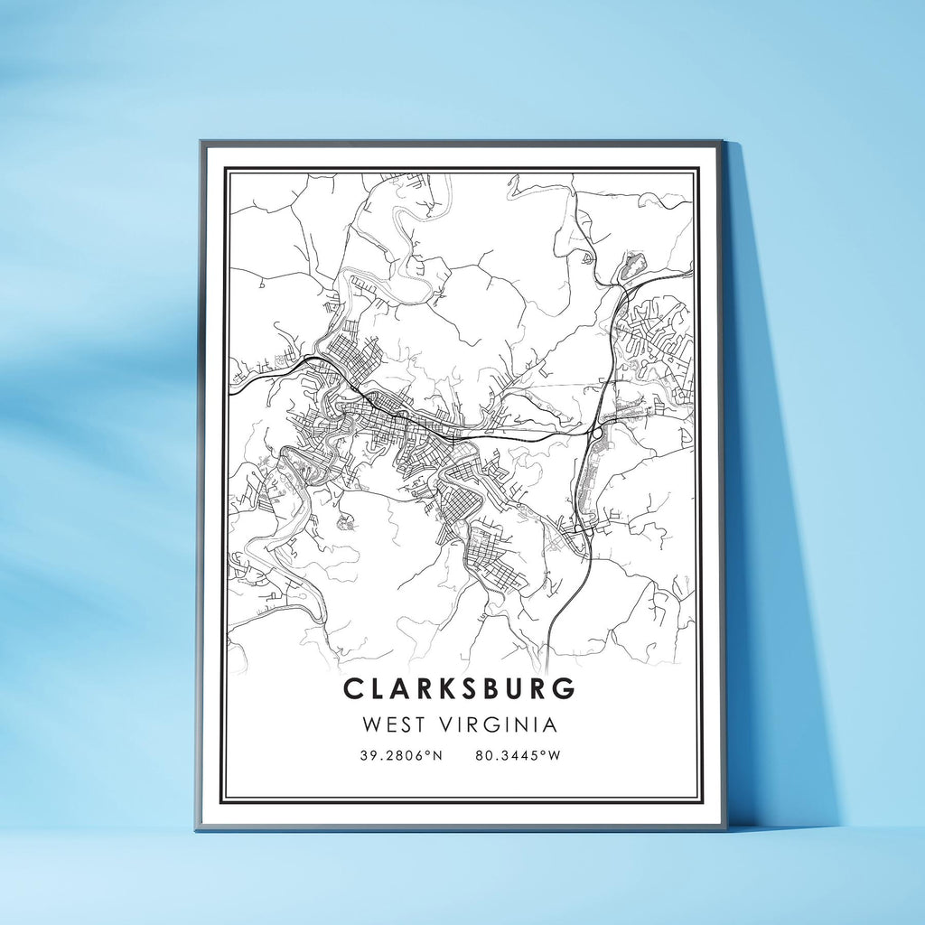 Clarksburg, West Virginia Modern Map Print 