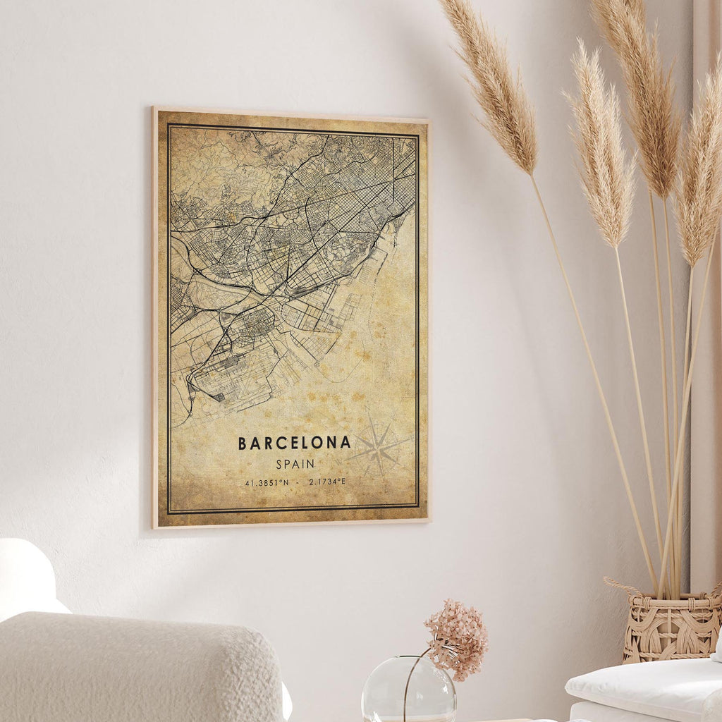 Barcelona, Spain Vintage Style Map Print