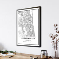 Surfers Paradise, Australia Modern Style Map Print 