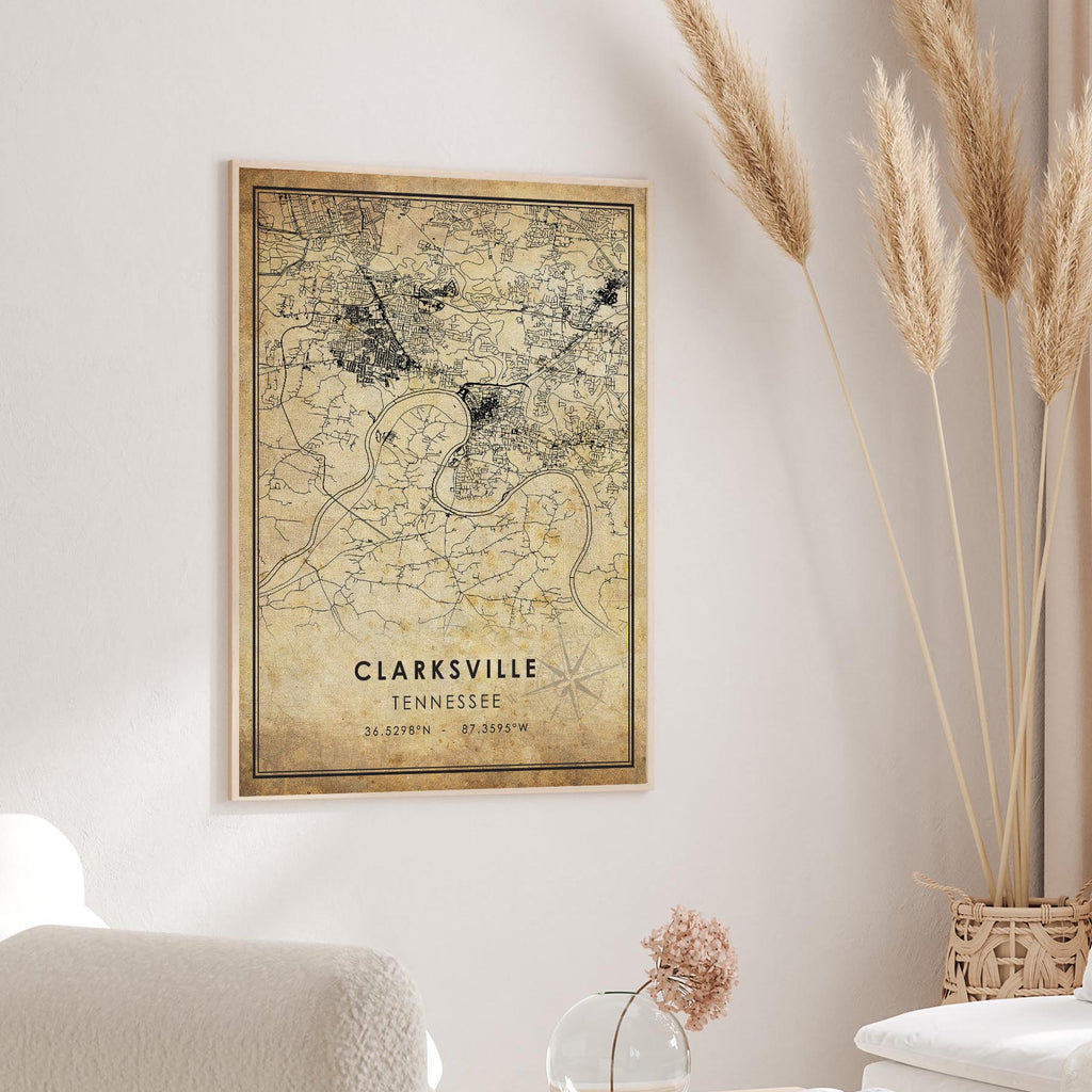 Clarksville, Tennessee Vintage Style Map Print 
