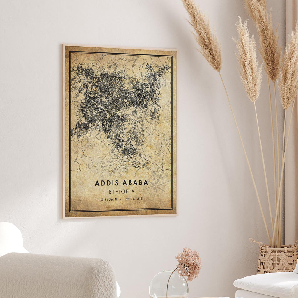 Addis Ababa, Ethiopia Vintage Style Map Print 