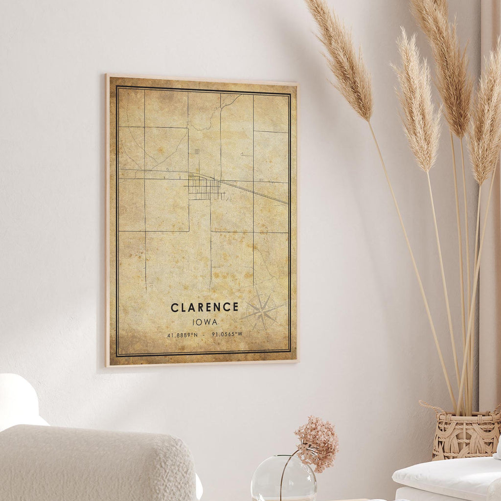 Clarence, Iowa Vintage Style Map Print 
