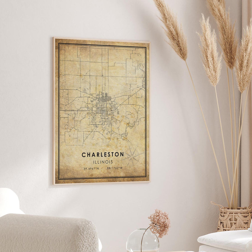 Charleston, Illinois Vintage Style Map Print 