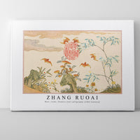 Zhang Ruoai - Bats, rocks, flowers oval calligraphy (18th Century)