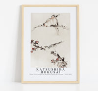 
              Katsushika Hokusai - Three Birds Perched on Branches, One with Blossoms 1830-1850
            